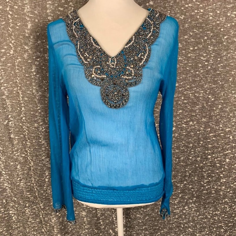 Cache Blue Beaded Sequin V-Neck Sheer Blouse Top Boho Festival Women's Medium